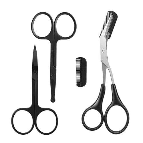 Eyebrow Scissors with Comb, KAJUDA Facial Hair Small Grooming Scissors For Men Women - Eyebrow Trimmer Scissor for Eyebrows, Nose Hair, Mustache, Beard, Eyelash - 3PCS Black