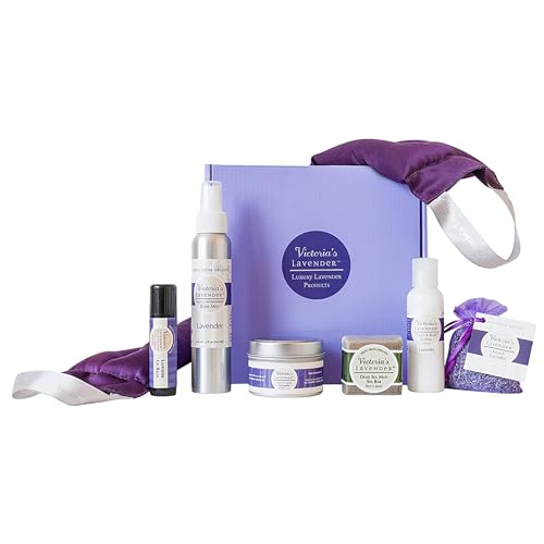 Victoria's Lavender Luxury Gift Basket for Women - Neck Wrap, Body Mist, Hand & Body Lotion, Lip Balm, Soy Candle, Mud Spa Bar & Lavender Sachet, Skin Care Sets, Made in USA Beauty Products For Women