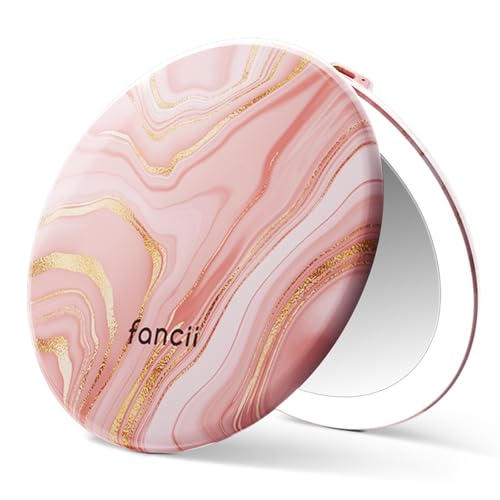 Fancii Taylor LED Lighted Travel Makeup Mirror, Rechargeable, 10x /1x Magnifying, Tru-Glow Lighting System, XL Large 5¡± Wide | Compact Mirror for Purses (Marble Rose)