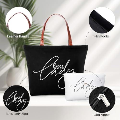 Sieral 2 Pcs Boss Lady Gifts for Women Bosses Day Lady Tote Bag with Zipper Makeup Bag Christmas Appreciation Gifts for Women Female Leader Coworker Colleague Birthday