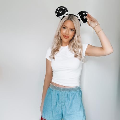 3D Black Mouse Ears Headband with Beads Pearls, Satin Bow Hairband Fashion Photogrphy Prop for Women Girls