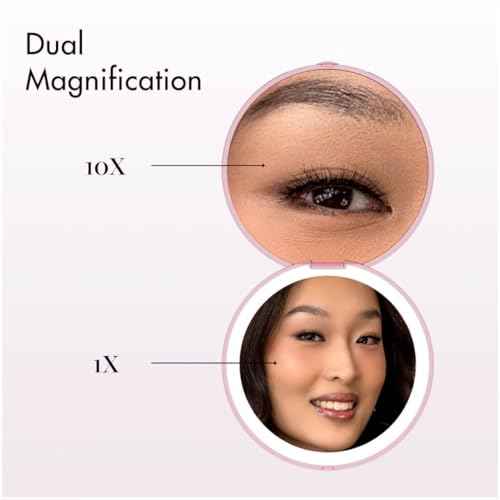 Fancii Mini Taylor Compact Magnifying Mirror with LED Light, 10x/1x, Rechargeable, 3 Light Settings, Dimmable - Small Lighted Travel Handheld Mirror for Pocket, Handbag, Purse, 2-Sided (Pink)