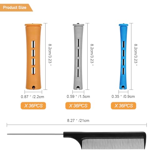 108 Pieces Hair Perm Rods Set, 3 Sizes Cold Wave Rods Hair Rollers Heatless Perming Rods Set with Pintail Comb or Long & Short Hair DIY Different Hairdressing Styling Tool