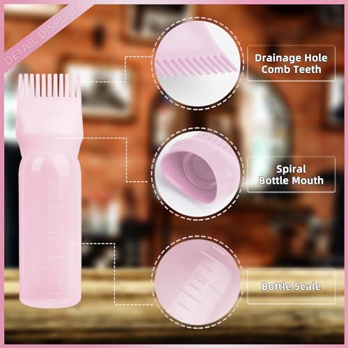 BLAAROOM 2Pack Root Comb Applicator Bottle - 6 Oz Hair Oil Applicator, Dye Bottle Tools with Oil Dispenser & Root Comb Brush - Pink