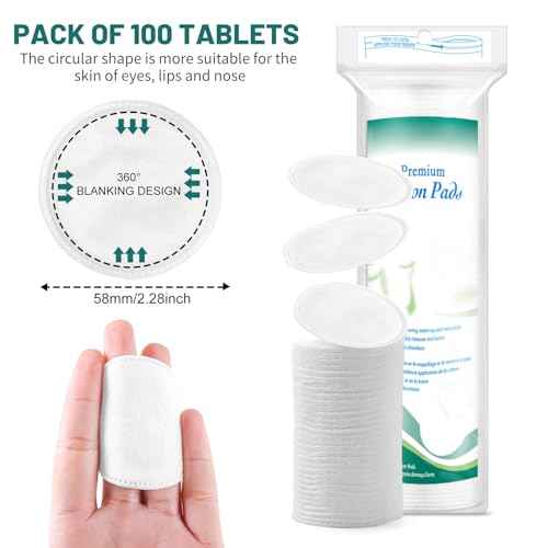 Premium Cotton Rounds for Face, 300 Count Makeup Remover Pads, 100% Pure & Natural Facial Cleansing Round Pads, Soft, Hypoallergenic, Lint-Free, Highly Absorbent
