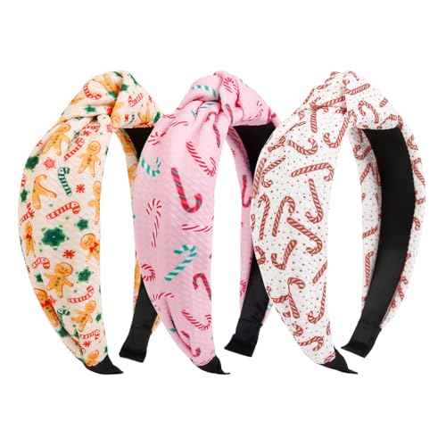Huachi Knotted Headbands for Women Cute Top Knot Headbands Fashion Pink Snowflake Candy Cane Xmas Tree Girls Christmas Womens Head Band Knotted Hair Accessories, 3 Packs