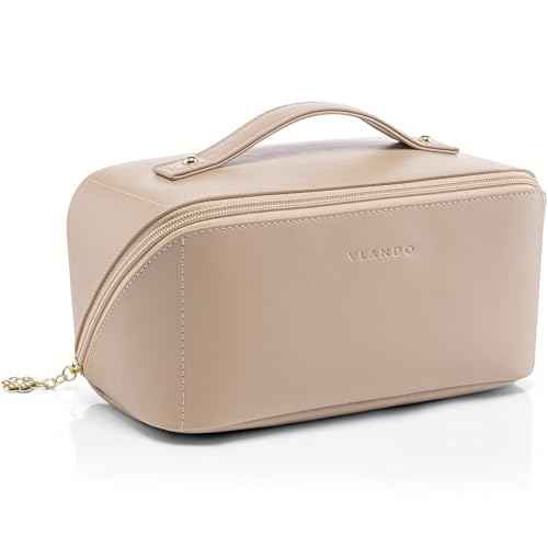 Vlando Makeup Bag,Large Capacity Travel Toiletry Bag,Cosmetic Bags for Women PU Leather Waterproof Portable Pouch with Divider & Handle-Toffee