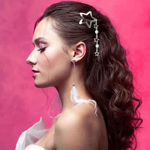 2pcs Star Pearl Snap Hair Clips, y2k Silver Hair Barrettes Cute Tassel Metal Hair Pins Wedding Prom Hair Styling Accessories for Women Girls Gift