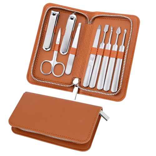 Professional Manicure Set for Fathers - Heavy Duty Stainless Steel 9 Piece Men Pedicure Tools Kit with Brown Leather Case,Gift for Grandpa Dad Husband