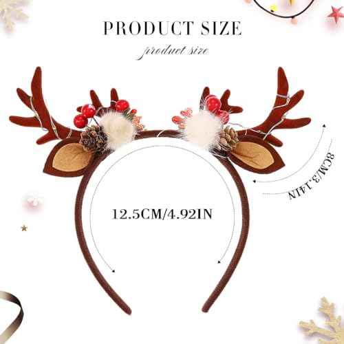 Fashey Christmas Light Up Headband Led Glitter Reindeer Antlers Hairband Flashing Deer Ears Xmas Headbands Christmas Headdress Hair Accessories for Women and Girls