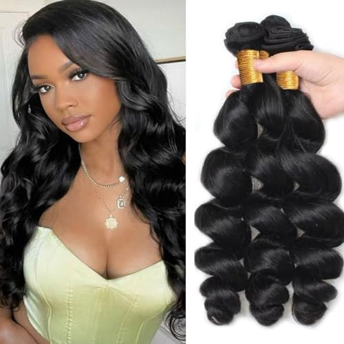 Loose Wave Bundles Human Hair Short Brazilian Virgin Human Hair Loose Wave Natural Black Color Can Be Dyed and Styled 3 Weave Bundles Total 300g 14 16 18 Inch