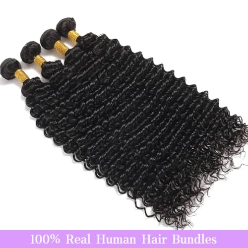 Deep Wave Human Hair Bundles 16 18 20 Inch Deep Wave Bundles 100% Unprocessed Brazilian Virgin Hair 3 Bundles Curly Bundles Hair Extensions Real Human Hair Wavy Quick Weave Bundles Natural Black