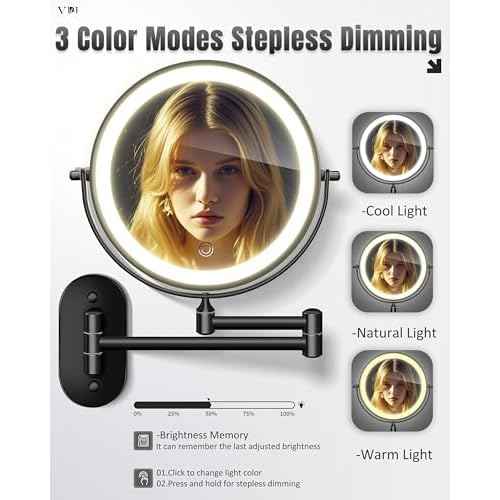 Wall Mounted Makeup Mirror with Light, 20X/1X 8'' Double Sided LED Magnifying Bathroom Lighted Vanity Mirror with Magnification, 3 Color Light up Touch Dimmable Extended Arm 360 Rotation