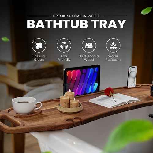 Lush & Style Premium Bathtub Tray Large & Thick 35¡± x 10``, Acacia Wood Luxury, Waterproof, Non-Toxic, Adjustable Legs, No Tools Required,Caddy Tray, Luxury Bath Accessories