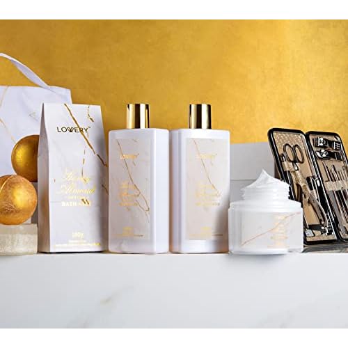 Gifts for Mom, Gift Basket, Spa Gifts For Women, 31Pc Self Care Kit, Stress Relief Gift, Birthday, Thank You, Honey Almond Bath and Body Gift - Toiletry Bag, Nail Kit, Bath Bombs & More