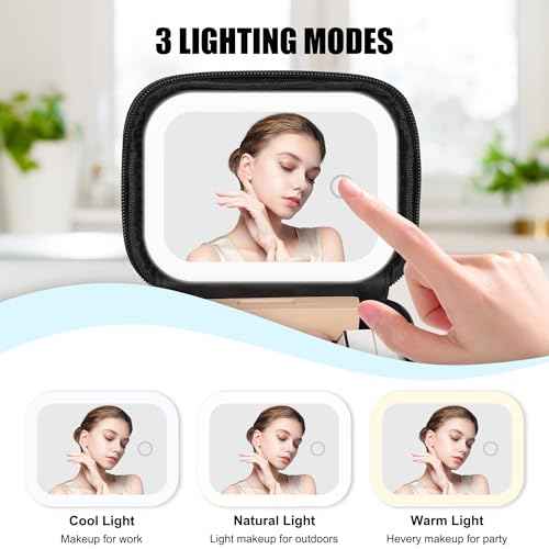 Relavel Mini Makeup Bag with Led Mirror, Small Cosmetic Bag with 3 Light Modes, Rechargeable Portable Makeup Pouch with Hands-Free Wrist Strap for Pool Parties?Work Touch-Ups?Travel - Black