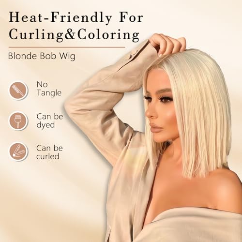 Blonde Bob Wig Human Hair 180 Density 613 Straight Bob Wig Pre Plucked With Baby Hair Brazilian Virgin 14 Inch 613 Bob Wig Human Hair 13x6 Lace Front Wig For Women Heat-Friendly For Coloring