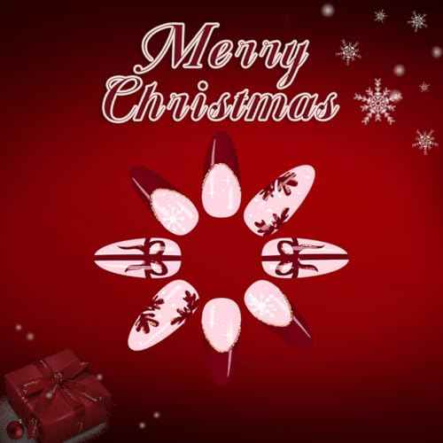 Christmas Press on Nails Medium Almond Fake Nails Glossy Xmas False Nails with Designs Red French Tip,Gift,Snowflake Glue on Nail Full Cover Reusable Winter Christmas Nail for Women Manicure 24Pcs