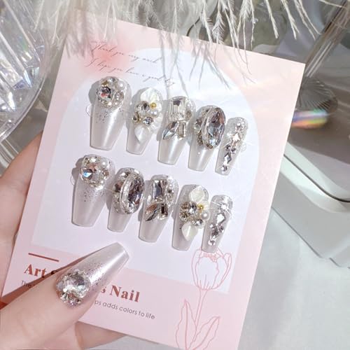 SINHOT Luxury Press on Nails - Long Coffin Fake Nails 3D Handmade Flowers Reusable False Nails with Rhinestone Designs,DIY Artificial Nail Art, 24pcs