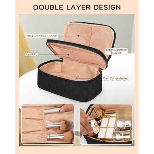 Relavel Makeup Bag, Small Makeup Bag for Women, Travel Cosmetic Bag, 2 Layers Waterproof Makeup Organizer Storage with Makeup Brush Holder, Black