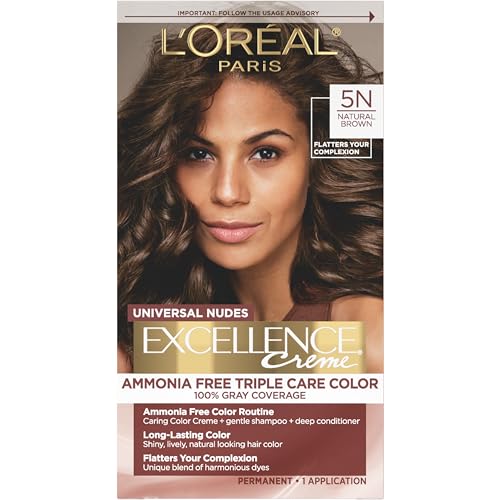 L¡¯Oreal Paris Excellence Universal Nudes Permanent Hair Color, Ammonia Free Hair Dye for Gray Hair Coverage, 5N Natural Brown, 1 Hair Dye Kit