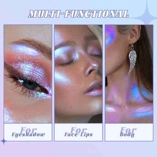 Holographic Duochrome Purple Blue Eyeshadow&Highlighter Palette, Color Shift Glitter Iridescent Cream Highlighter, Smooth Long Lasting Sparkling Eyeshadow Mermaid Facial Illuminator Makeup#04