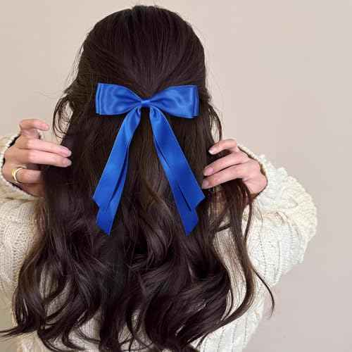 Royal Blue Large Hair Bows Alligator Clip 5.5" Solid Satin Polyester Ribbon Ponytail Hair Barrettes with Long Tail Wedding Dress Decor Accessories for Women Toddler Teen Girls