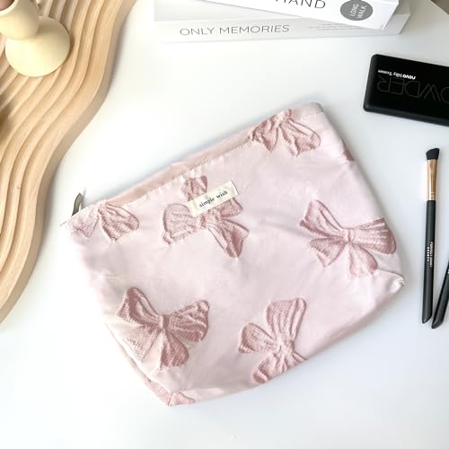 Pink Bow Makeup Bag for Purse Zipper - Large Capacity Canvas Cosmetic Organizer, Coquette Preppy Travel Toiletry Pouch for Women and Girls Gift Idea