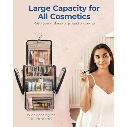 BAGSMART Makeup Bag for Women with Hanging Hook - Portable Cosmetic Case, Large Capacity Door Room Essentials Travel Organizer for Full Sized Cosmetics and Toiletries, Black