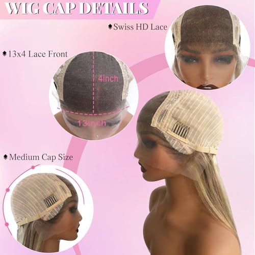 Balayage Ash Blonde Wig Human Hair Glueless 13x4 Lace Front Wigs Pre Plucked 18 Inch Straight Ash Brown to Ash Blonde with #60 Blonde Highlight Wig 180% Density