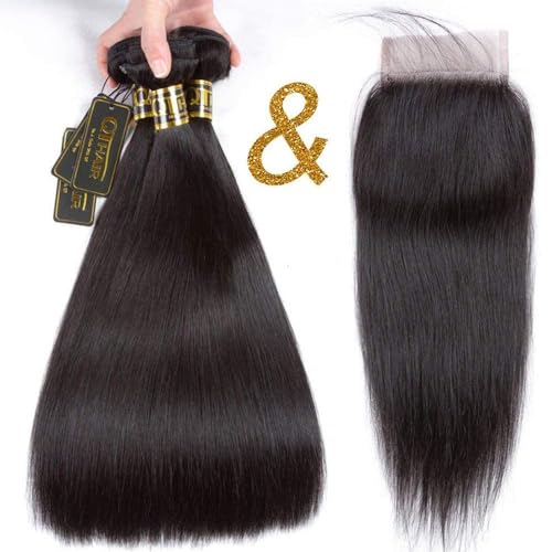 QTHAIR 16A Virgin Hair Brazilian Straight Hair Bundles with 4X4Lace Closure (12'' 14'' 16''+10'') 100% Unprocessed Straight Brazilian Virgin Hair Weave Natural Color