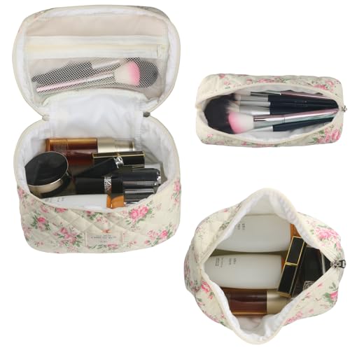 Cute Makeup Bag for Women(3 Pcs), Quilted Floral Coquette Aesthetic Make up Bags, Travel Cosmetic Bags Toiletry Organizer Bag(Pink Flower)