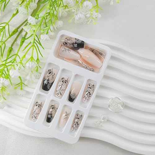 Medium Press on Nails Coffin Fake Nails with Black Floral Designs Light White Nude Acrylic Nails Fall Winter Nails Press ons Glossy Glue on Nails Daily Wear Natural Stick on Nails for Women 24Pcs