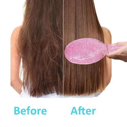 1 Pack Rhinestone Hair Brush Detangling Bling Detangle Massage Sparkle Compact Comb Crystal Air Cushion for Women Wet Dry (All Pink-Round)