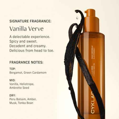 CYKLAR Vitamin C Body Oil for Women and Men. Moisturizing Vanilla Verve Scented Body Serum for Glowing Skin. Nourishing, Hydrating After-Shower and Bath Skin Care Moisturizer, 4.2 Fl Oz