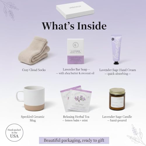 Unboxme Spa Gift Basket for Women - Lavender Self Care Gifts with Candle & Bath Bombs - Relaxation Care Package for Birthday, Get Well Soon, Christmas, Valentine's Day