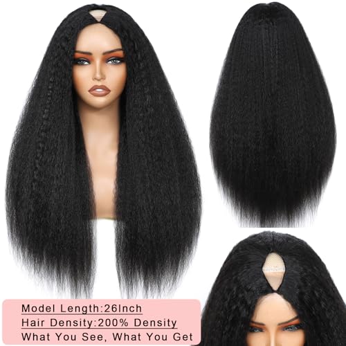 V Part Wig Human Hair Kinky Straight Human Hair Wigs Upgrade U Part Human Hair Wig for Women No Leave Out No Sew In 200% Density Natural Color 22 Inch