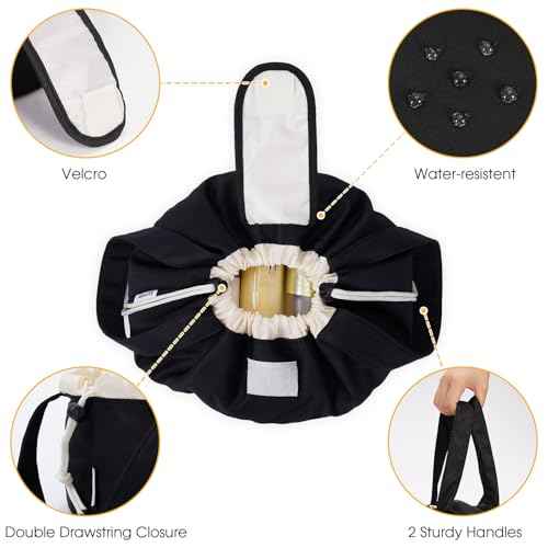 Narwey Barrel Drawstring Makeup Bag Large Cosmetic Bag Make up Bags Women and Girls Toiletry Organizer for Travel Toiletries Accessories Essentials (Black) (Patent)