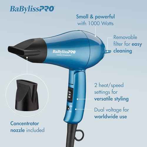Nano Titanium Travel Hair Dryer, 1000 Watt Professional Blow Dryer with Concentrator Nozzle, Foldable Handle, Dual Voltage