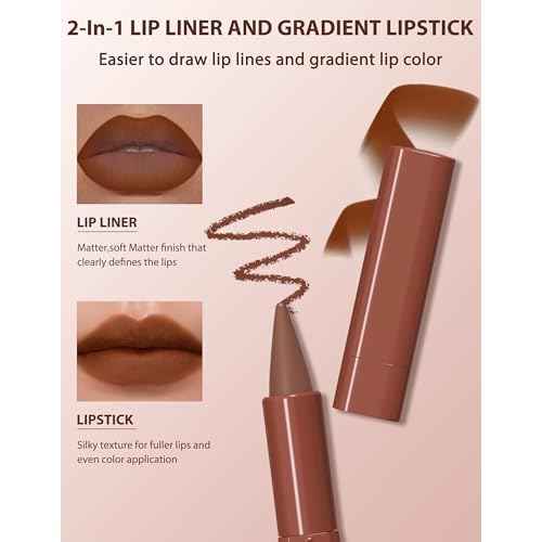 2-in-1 Lip Liner and Lipstick Lip Combo Set, Matte Nude Dark Brown Red Lip Liners, High Pigmented Long Lasting Waterproof Smudge Proof Crayon Makeup 05#