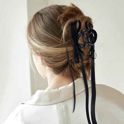 Zkptops 4Pcs Hair Claw Clips Bow Claw Clip for Women Girls Satin Claw Clamps Cute Large Bowknot Nonslip Jaw Barrettes with Tassel Hair Bow Claw Clip Accessories for Thin Thick Curly Hair (Black White)