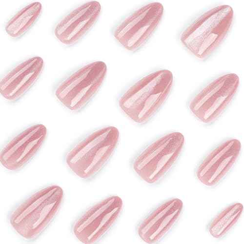 24 Pcs Cat's Eye Press on Nails Short Almond - YEFIUO Rose Pink Nail Tips Acrylic Nail Kit Short Nail Art Cute Fake Nails Press ons French Tip Glue on Nails Full Cover Glitter False Nails for Women