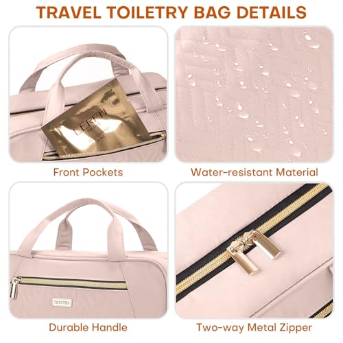 Hanging Toiletry Bag for Women Travel, 2 Sizes Large & Small Waterproof Cosmetic Organizer with 4 Compartments, Rotating Hook, Foldable Pink Travel Bag for Toiletries & Makeup - Medium Pink