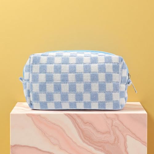 24 PACK Checkered Makeup Bag- Bulk Bridesmaid Proposal Gifts Makeup Pouch for Wedding Party Favors Bachelorette Party Decorations Toiletry Organizer Bag Cosmetic Case Gift (Blue)