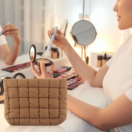 Brown Puffy Makeup Bag, Quilted Makeup Bag Cosmetic Bag Travel Puffer Makeup Pouch Cute Toiletry Zipper Bag cared Makeup Organizer Pouch Storage Clutch for Women(Brown)