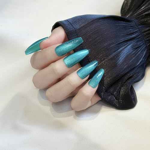 Magnetic Glue On Nails,Long,Christmas,Coffin Agate Green Cat Eye Impress,Salon Quality,Lasting,Reusable, Glossy Fall Nails Kit Acrylic Set for Women
