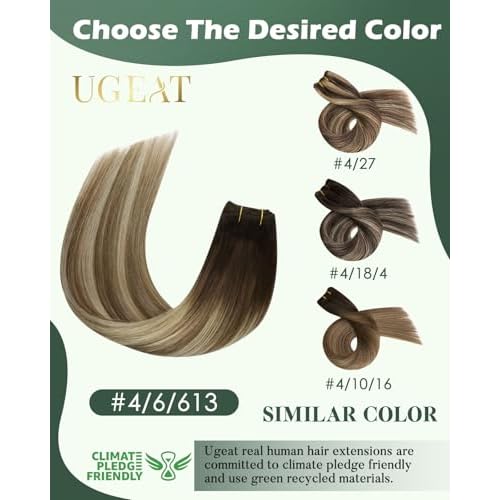 Ugeat 20 Inch Weft Hair Extensions Ombre Brown Sew in Hair Extensions for Women Balayage Chestnut Brown Mix Bleach Blonde Sew in Extensions Real Human Hair Comfort Wear 100G