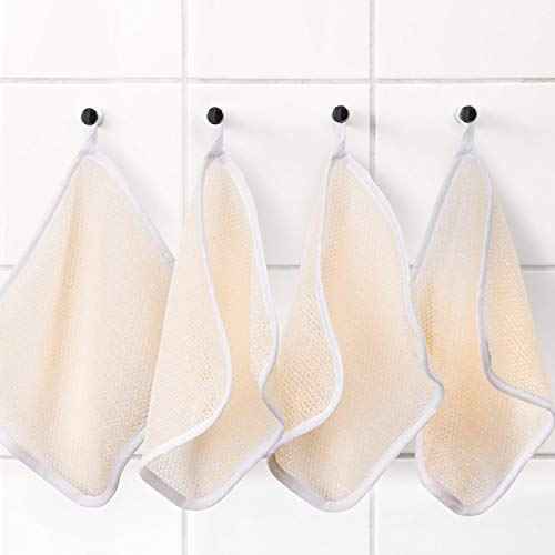 Tatuo 5 Pcs Exfoliating Face and Body Wash Cloths Towel Weave Bath Exfoliating Scrub Massage Bath Cloth for Women and Men, 10.63 x 9.05 Inch(Beige Edge)
