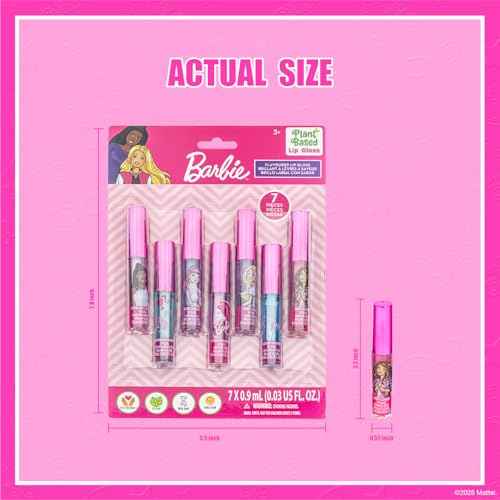 Barbie 7 Piece Plant Based Lip Gloss, Girls Party Favors, First Makeup Set for Girl, Perfect for Parties, Sleepovers, and Birthday Gifts, Ages 3+, by Townley Girl