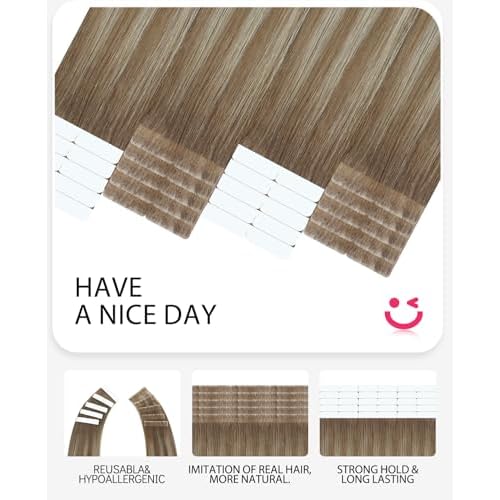 Youngsmile Invisible Tape in Hair Extensions Human Hair #8T60 Ash Brown to Platinum Blonde Balayage Injection Tape in Hair Extensions 20pcs 35g 16 Inch (#8T60,16'')